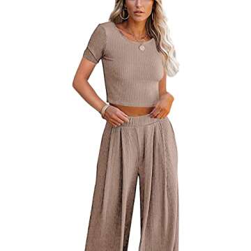 Lveberw Lounge Set Womens, Outfits Sets, Ribbed Crop Top Long Sleeve, Palazzo Pants - Loose Sweatsuit Knit,2 Piece Pajamas(S Khaki, Small)