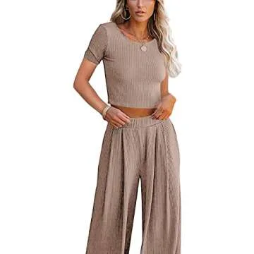 Lveberw Lounge Set Womens, Outfits Sets, Ribbed Crop Top Long Sleeve, Palazzo Pants - Loose Sweatsuit Knit,2 Piece Pajamas(S Khaki, Small)