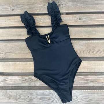 SPORLIKE Women One Piece Swimsuit Ruffle V-Neck Bathing Suit Adjustable Straps Swimwear Padded Monokini(Black,Small)