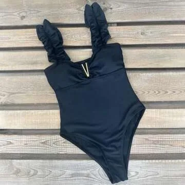 SPORLIKE Women One Piece Swimsuit Ruffle V-Neck Bathing Suit Adjustable Straps Swimwear Padded Monokini(Black,Small)