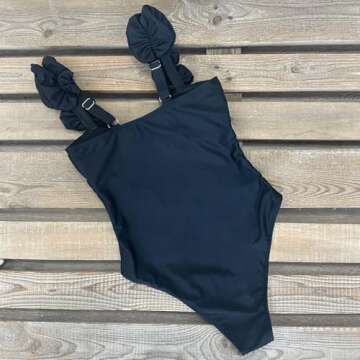SPORLIKE Women One Piece Swimsuit Ruffle V-Neck Bathing Suit Adjustable Straps Swimwear Padded Monokini(Black,Small)