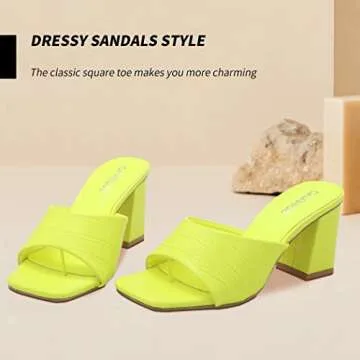CAMSSOO Women's Square Open Toe Heels Sandals Block Chunky Heeled Sandals Yellow Mules Slip on Flip Flops Slide Sandals Size 9.5 CN41