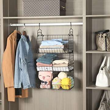 Jautokerdar 3 Tier Closet Hanging Shelves with Divider, Extra Large Closet Organizers and Storage, Clothes Hanging Organizer Clothing Sweaters Handbags Clutches Accessories