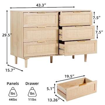 FUQARHY 6 Drawer Dresser Rattan Dresser Modern Chest with Drawers,Wood Storage Closet Dressers Chest...