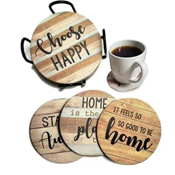 PANCHH Rustic Farmhouse Stone & Cork Coasters - Set of 6 Absorbent Coasters with Holder for Home Dec...