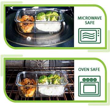 Glass Meal Prep Containers - 4-Pack 35 Oz. 3 Compartment Bento Box Lunch Containers | Bento Lunch Box Portion Control Containers | 3 Compartment Food Containers