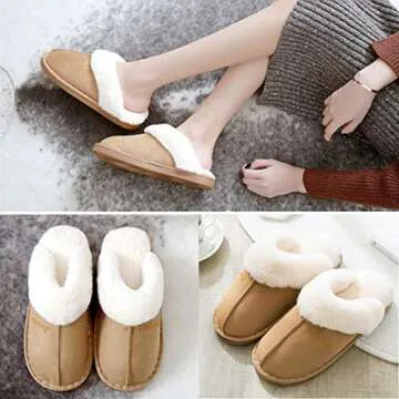 SUSHAN Womens Slippers Soft Plush Warm House Shoes Anti-Slip Fluffy Indoor/Outdoor Slippers Tan 40-41