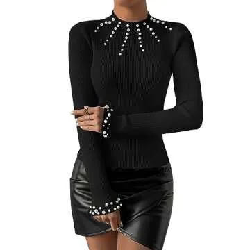 SweatyRocks Women's Long Sleeve Shirts Fitted Pearls Decro Mock Neck Knit Sweater Pullovers Tops Black L