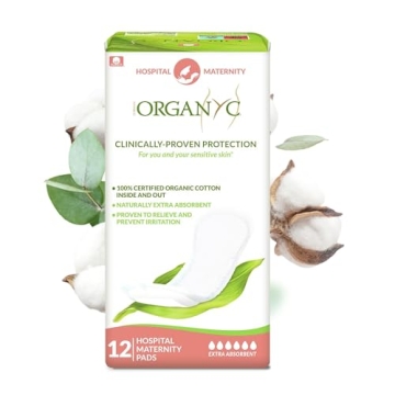 Organyc Hospital Postpartum Pads - 100% Organic Cotton for New Moms, 12 Count