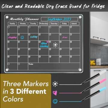 DIYMAG Acrylic Magnetic Dry Erase Calendar for Fridge, Clear Acrylic Calendar Planning Board Magnetic Monthly Planner Menu for Refrigerator with 3 Highlight Markers