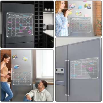 DIYMAG Acrylic Magnetic Dry Erase Calendar for Fridge, Clear Acrylic Calendar Planning Board Magnetic Monthly Planner Menu for Refrigerator with 3 Highlight Markers