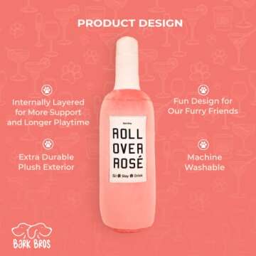 Bark Bros - Rose Wine Bottle Dog Toy - Plush Squeaky Dog Toys Funny Parody - Rose Dog Toy - Alcohol Dog Toy - Dog Birthday Toy - Cute Dog Toys - Dog Gifts - Puppy Gifts - Boy/Girl Dog Toys (Large)