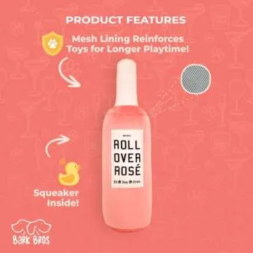 Bark Bros - Rose Wine Bottle Dog Toy - Plush Squeaky Dog Toys Funny Parody - Rose Dog Toy - Alcohol Dog Toy - Dog Birthday Toy - Cute Dog Toys - Dog Gifts - Puppy Gifts - Boy/Girl Dog Toys (Large)
