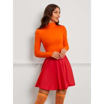 Laqeyko Women Orange Velma Red Skirt Halloween Costume Adult Cosplay Turtleneck Sexy Long Sleeve Crop Top with Orange Socks LA212-3-S