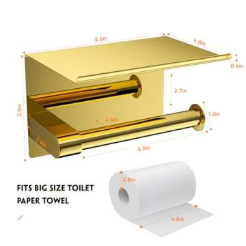 ASTOFLI Toilet Paper Holder with Shelf, Rustproof SUS304 Gold Toilet Paper Holder Wall Mount, Toilet Roll Holder, Toilet Tissue Holder for Bathroom, Bathroom Toilet Paper Holders