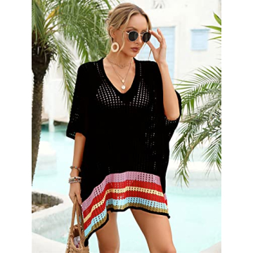 ANUWKS Womens Swimsuit Coverup Crochet Swim Cover Up with Waist Tie Pullover Knite Dress Bikini Cover Ups for Beach Pool(Black), One Size Plus