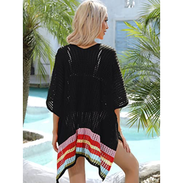 ANUWKS Womens Swimsuit Coverup Crochet Swim Cover Up with Waist Tie Pullover Knite Dress Bikini Cover Ups for Beach Pool(Black), One Size Plus