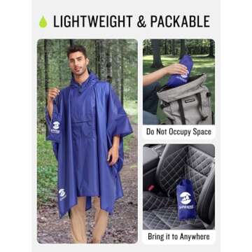 SaphiRose Extra Thick Hooded Rain Poncho Double Layer Waterproof Raincoat Jacket for Men Women Adults