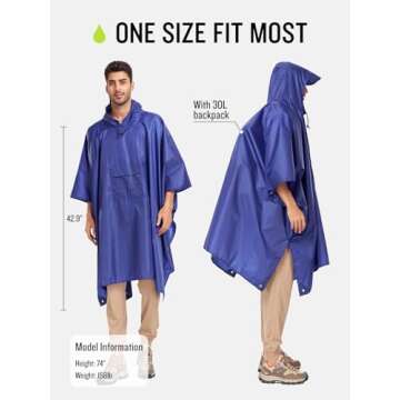 SaphiRose Extra Thick Hooded Rain Poncho Double Layer Waterproof Raincoat Jacket for Men Women Adults