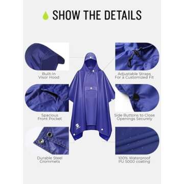 SaphiRose Extra Thick Hooded Rain Poncho Double Layer Waterproof Raincoat Jacket for Men Women Adults