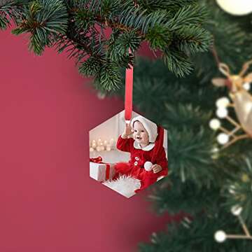 PYD Life 24 PCS Sublimation Ornament Blanks Glass 3 Inch Hexagon Ornament with Red Ribbon for DIY Crafting Personalized Home Christmas Decor Bulk