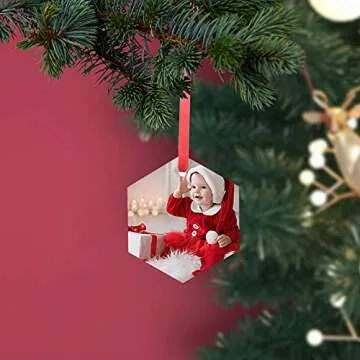 PYD Life 24 PCS Sublimation Ornament Blanks Glass 3 Inch Hexagon Ornament with Red Ribbon for DIY Crafting Personalized Home Christmas Decor Bulk
