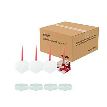 PYD Life 24 PCS Sublimation Ornament Blanks Glass 3 Inch Hexagon Ornament with Red Ribbon for DIY Crafting Personalized Home Christmas Decor Bulk