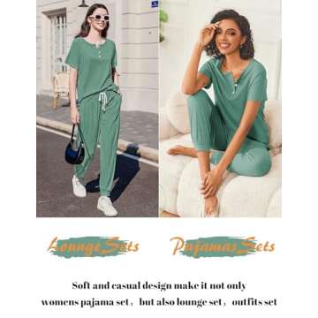 Ekouaer Womens Pajama Sets 2 Piece Pjs Short Sleeve Lounge Sets Joggers Pants Sleepwear Soft Outfits,Grey Green,M