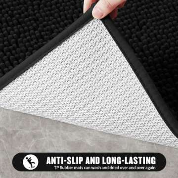 MitoVilla Black Bathroom Rugs Set - 2 Piece 17" x 24", Non-Slip Plush Shaggy Thick Bath Carpet, Soft Absorbent Chenille Bath Rugs, Washable Shaggy Shower Bathroom Floor Mat