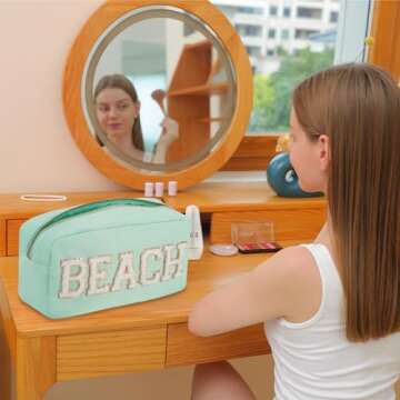 YogoRun SPF Bag Beach Pouch Glitter Chenille Makeup Organizer Travel Cosmetic Bag for Women Make up Bag with Zipper Pocket (L, Mint-Beach)