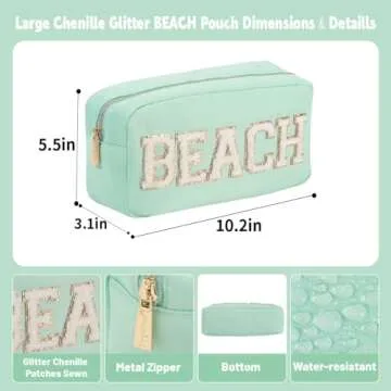 YogoRun SPF Bag Beach Pouch Glitter Chenille Makeup Organizer Travel Cosmetic Bag for Women Make up Bag with Zipper Pocket (L, Mint-Beach)
