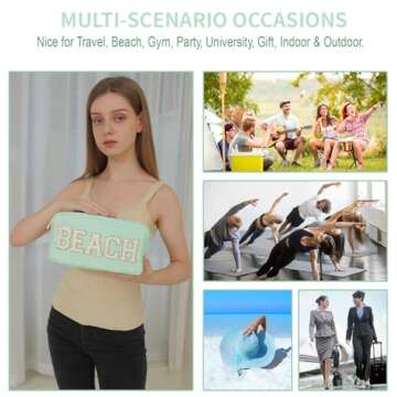 YogoRun SPF Bag Beach Pouch Glitter Chenille Makeup Organizer Travel Cosmetic Bag for Women Make up Bag with Zipper Pocket (L, Mint-Beach)