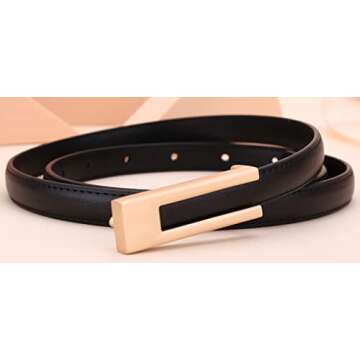 Yuangu Womens Leather Belt Skinny Waist Belt for Dresses with Gold Buckle, Womens Simple Thin Belts for Jeans Pants (Black, 105CM/Fit Waist Size 24-33 Inches)