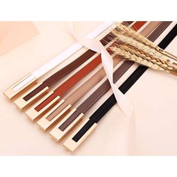 Yuangu Womens Leather Belt Skinny Waist Belt for Dresses with Gold Buckle, Womens Simple Thin Belts for Jeans Pants (Black, 105CM/Fit Waist Size 24-33 Inches)