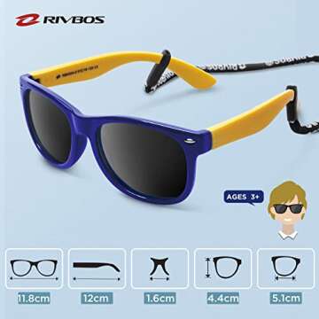 RIVBOS Kids Sunglasses with Strap Polarized UV Protection Flexible Rubber Shades for Boys Girls Age 3-10 RBK004-2 Dark Blue