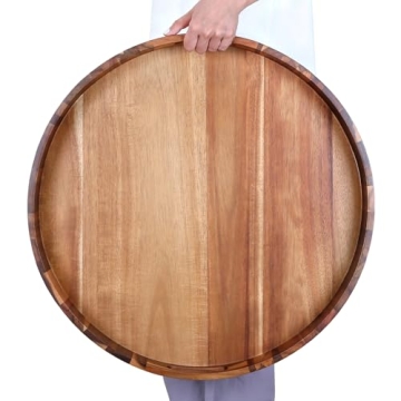 Extra Large 20INCH Premium Acacia Wood Tray Round Ottoman Tray with Handles Wooden Serving Tray Mult...