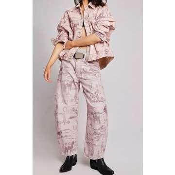 loveimgs Women Boyfriend Baggy Barrel Jeans Floral Print Denim Ankle Pants Wide Leg Mid Rise Jeans S...