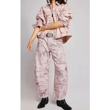 loveimgs Women Boyfriend Baggy Barrel Jeans Floral Print Denim Ankle Pants Wide Leg Mid Rise Jeans S...