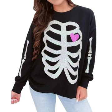 TACSTRUN Women's Halloween Sequin Sweatshirts Skeleton Spooky Ghost Graphic Long Sleeve Crewneck Pul...