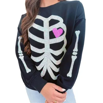 TACSTRUN Women's Halloween Sequin Sweatshirts Skeleton Spooky Ghost Graphic Long Sleeve Crewneck Pullover Sweater Tops,Black,X-Large
