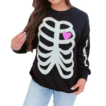 TACSTRUN Women's Halloween Sequin Sweatshirts Skeleton Spooky Ghost Graphic Long Sleeve Crewneck Pullover Sweater Tops,Black,X-Large