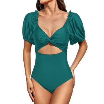 Upopby Women's Puff Sleeve One Piece Swimsuit 2024 - High Waisted Tummy Control Monokini in Blue