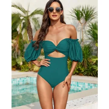 Stylish Upopby Puff Sleeve Cutout One Piece Swimsuit for Women