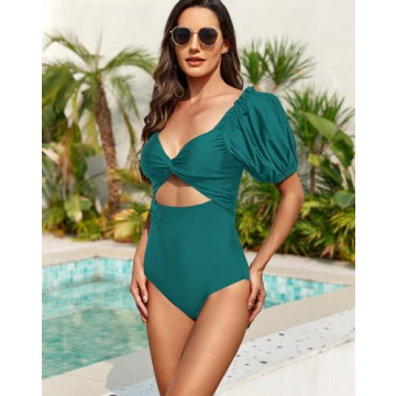 Stylish Upopby Puff Sleeve Cutout One Piece Swimsuit for Women