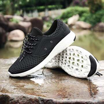 UBFEN Mens Water Shoes Aqua Shoes for Barefoot Shower Swimming Boating Fishing Diving Surfing Upstream Driving Running Walking Fashion Sneakers 9.5 B / 8 D Black White