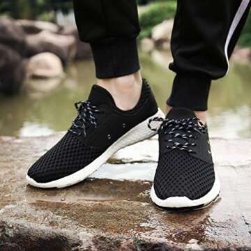 UBFEN Mens Water Shoes Aqua Shoes for Barefoot Shower Swimming Boating Fishing Diving Surfing Upstream Driving Running Walking Fashion Sneakers 9.5 B / 8 D Black White