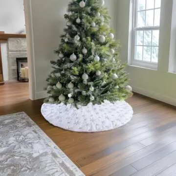 AOGU 48 Inch Sequin Faux Fur Christmas Tree Skirt Decoration for Merry Christmas Party White Plush Silver Sequin Snowflake Xmas Christmas Tree Skirt Decorations