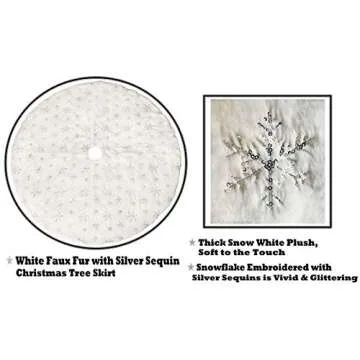 AOGU 48 Inch Sequin Faux Fur Christmas Tree Skirt Decoration for Merry Christmas Party White Plush Silver Sequin Snowflake Xmas Christmas Tree Skirt Decorations