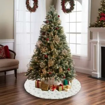 AOGU 48 Inch Sequin Faux Fur Christmas Tree Skirt Decoration for Merry Christmas Party White Plush Silver Sequin Snowflake Xmas Christmas Tree Skirt Decorations