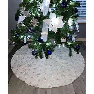 AOGU 48 Inch Sequin Faux Fur Christmas Tree Skirt Decoration for Merry Christmas Party White Plush Silver Sequin Snowflake Xmas Christmas Tree Skirt Decorations